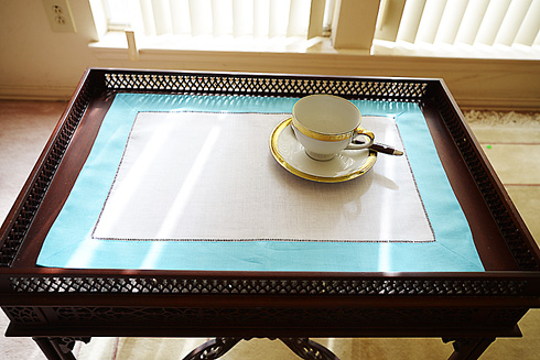 White Hemstitch Placemat 14"x20" with Capri Blue color Border. - Click Image to Close